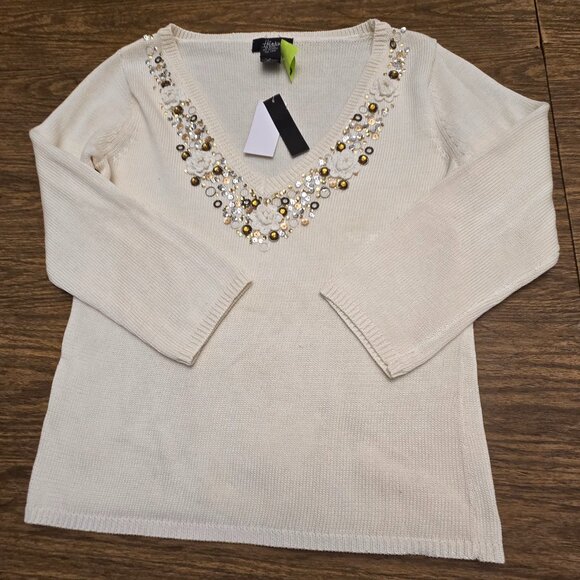 HENRY NEW YORK Women's 100% Cotton V-Neckline Beaded L/Sleeves Sweater - SML - Picture 6 of 13
